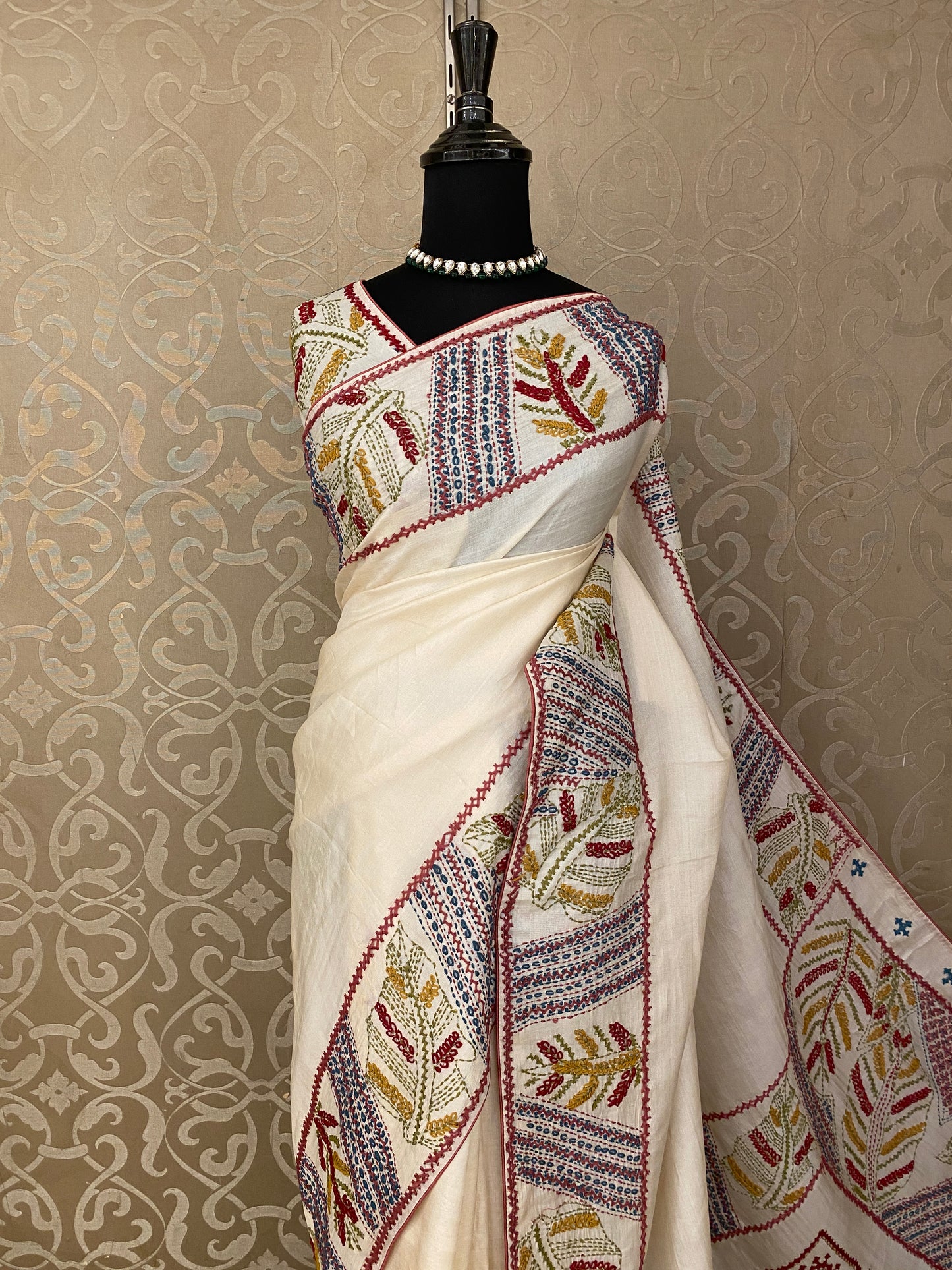 Off-White Tussar Embroidery Saree With Lambani Work Border, With Unstitched Blouse