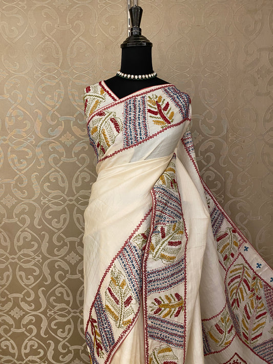 Off-White Tussar Embroidery Saree With Lambani Work Border, With Unstitched Blouse