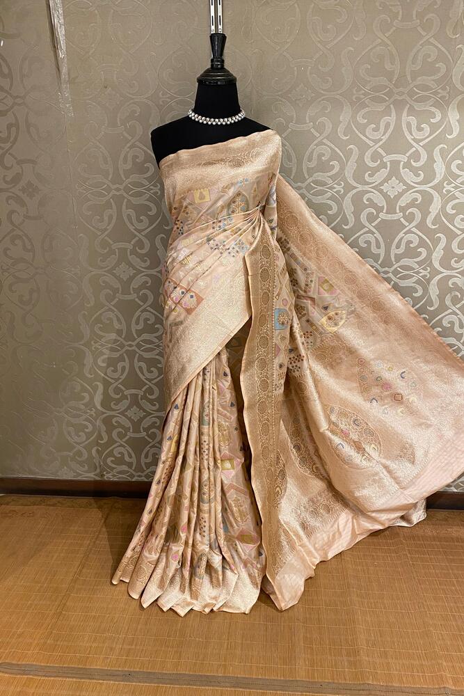 Beige Uppada Banarasi Silk Saree, With Unstiched Blouse
