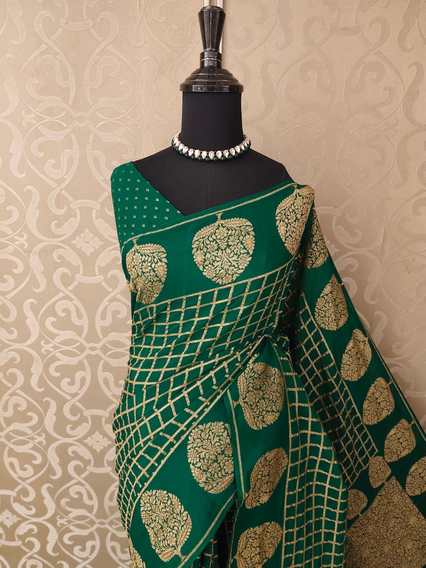 Deep Green Mysore Crepe Silk Banarasi Saree, With Unstiched Blouse