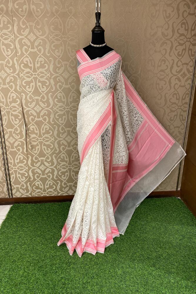 White Muslin Jamdani Saree, With Unstiched Blouse