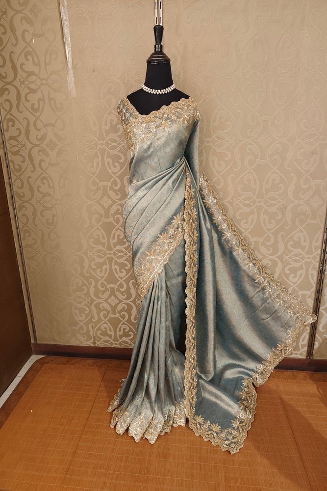 Grey Tissue Kanjeevaram Silk Sarees With Embroidery Work, With Unstiched Blouse