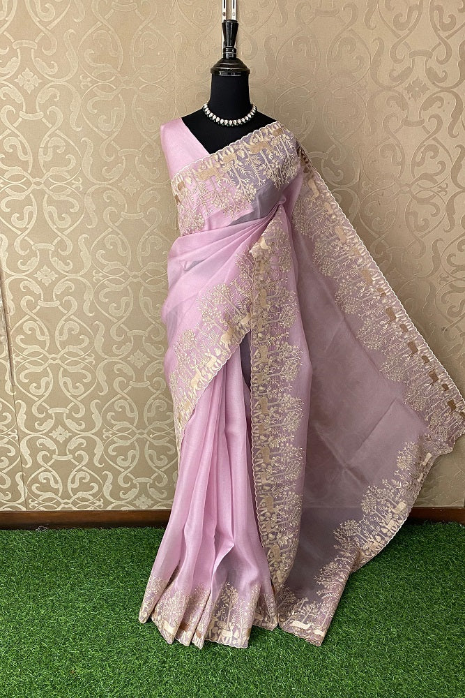 Onion Pink Organza Silk Resham Embroidery Saree, With Unstiched Blouse