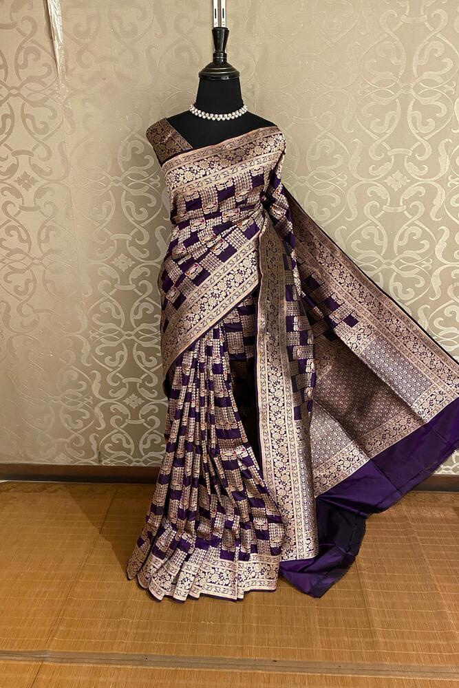 Purple Uppada Banarasi Silk Saree, With Unstiched Blouse