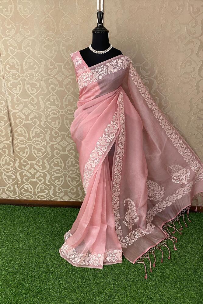 Pink Organza Silk Resham Embroidery Saree, With Unstiched Blouse