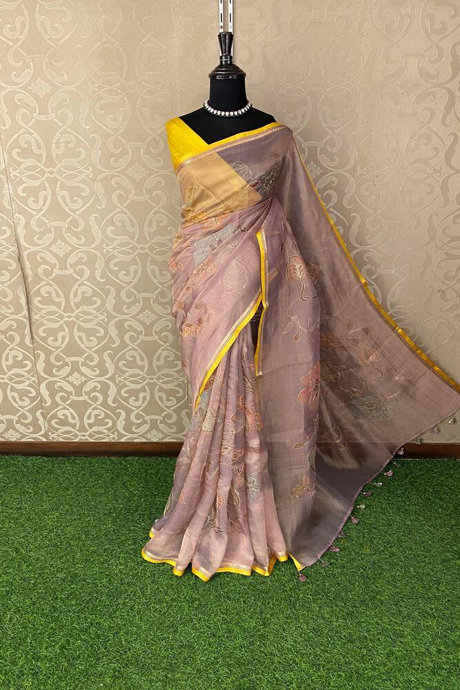 Mauve Tissue Organza Silk Saree With Aari Work, With Unstiched Blouse