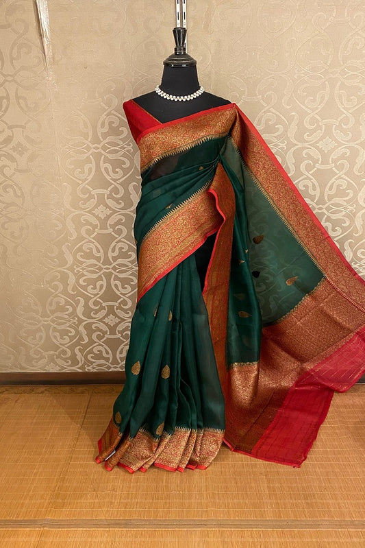 Bottle Green Kora Banarasi Silk Saree, With Unstiched Blouse