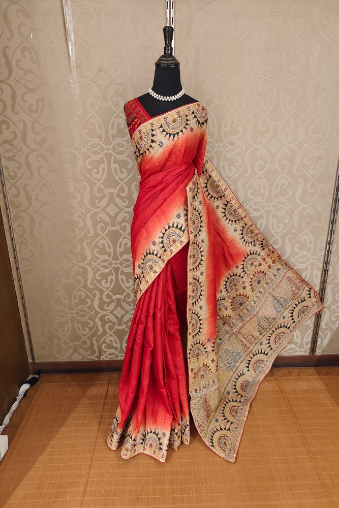 Red Tussar Hand Embroidery Work Saree, With Unstitched Blouse