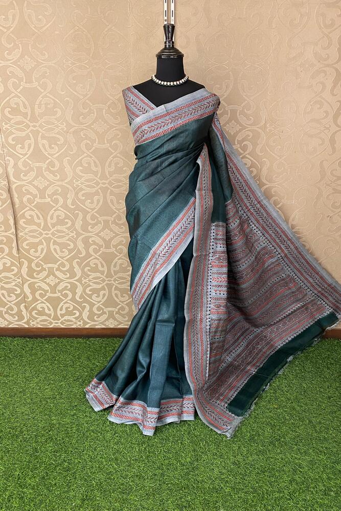 Dark Teal Blue Tussar Embroidery Saree With Kantha Work Border, With Unstitched Blouse