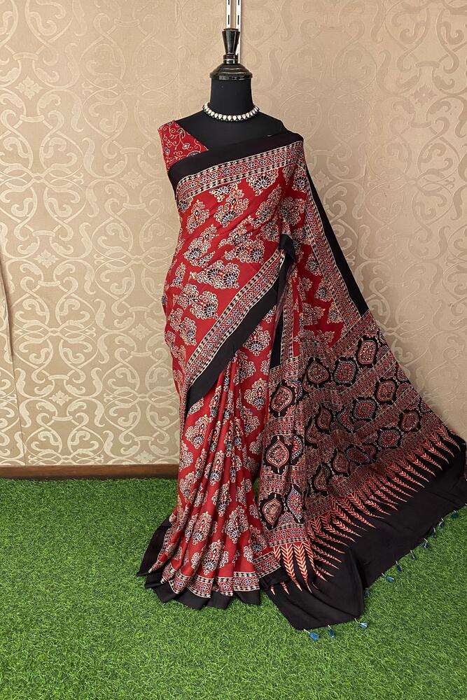 Maroon Pure Modal Silk Ajrakh Printed Saree With Unstiched Blouse