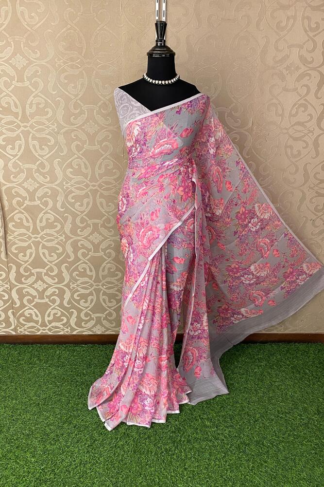 Grey Floral Printed Chiffon Saree, With Unstiched Blouse Piece