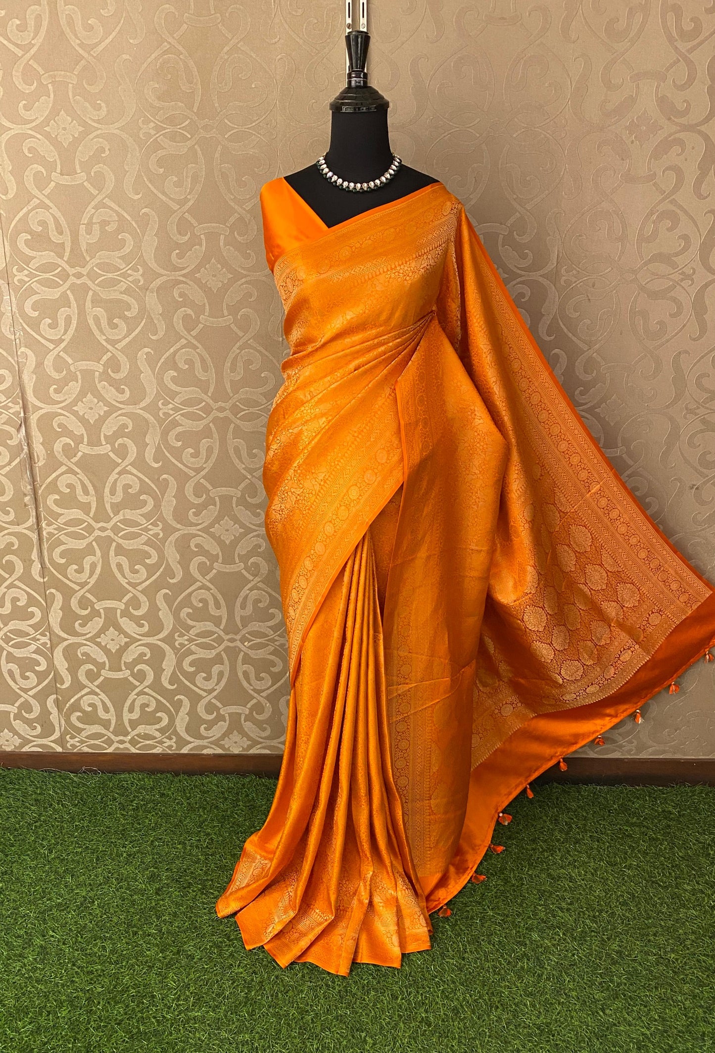 Orange Mashru Brocade Silk Saree With Unstiched Blouse