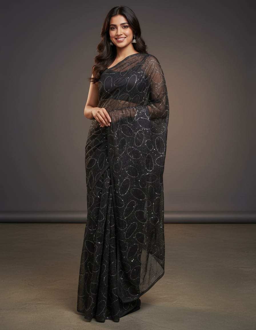 Black satin crepe silk party wear saree with stone work and unstiched blouse by Saarang Sarees, displayed on a mannequin.
