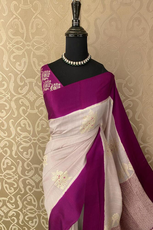Lavender and purple Munga Banarasi silk saree with intricate gold patterns, paired with an unstitched blouse, traditional Indian wear.