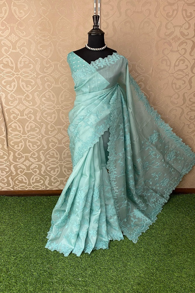 Sky Organza Saree With Appliqué Work Border, With Unstitched Blouse
