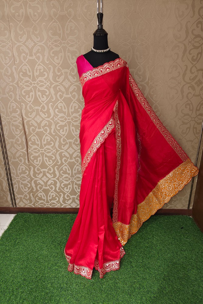 Cherry Red Tussar Silk Printed Saree With Aari Work Border, With Unstiched Blouse