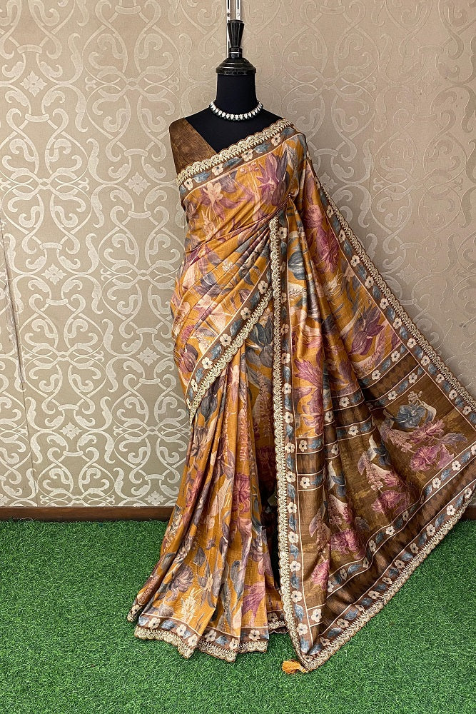 Mustard Yellow Tussar Silk Printed Saree With Embroidery Border, With Unstiched Blouse