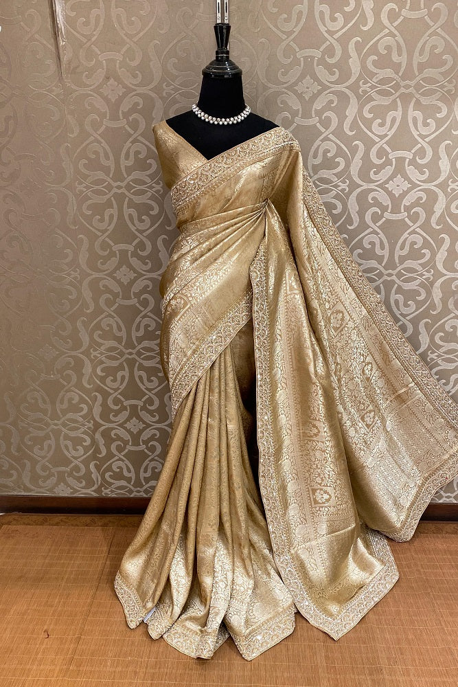 Beige Banarasi Silk Saree With Embroidery Border Work, With Unstiched Blouse