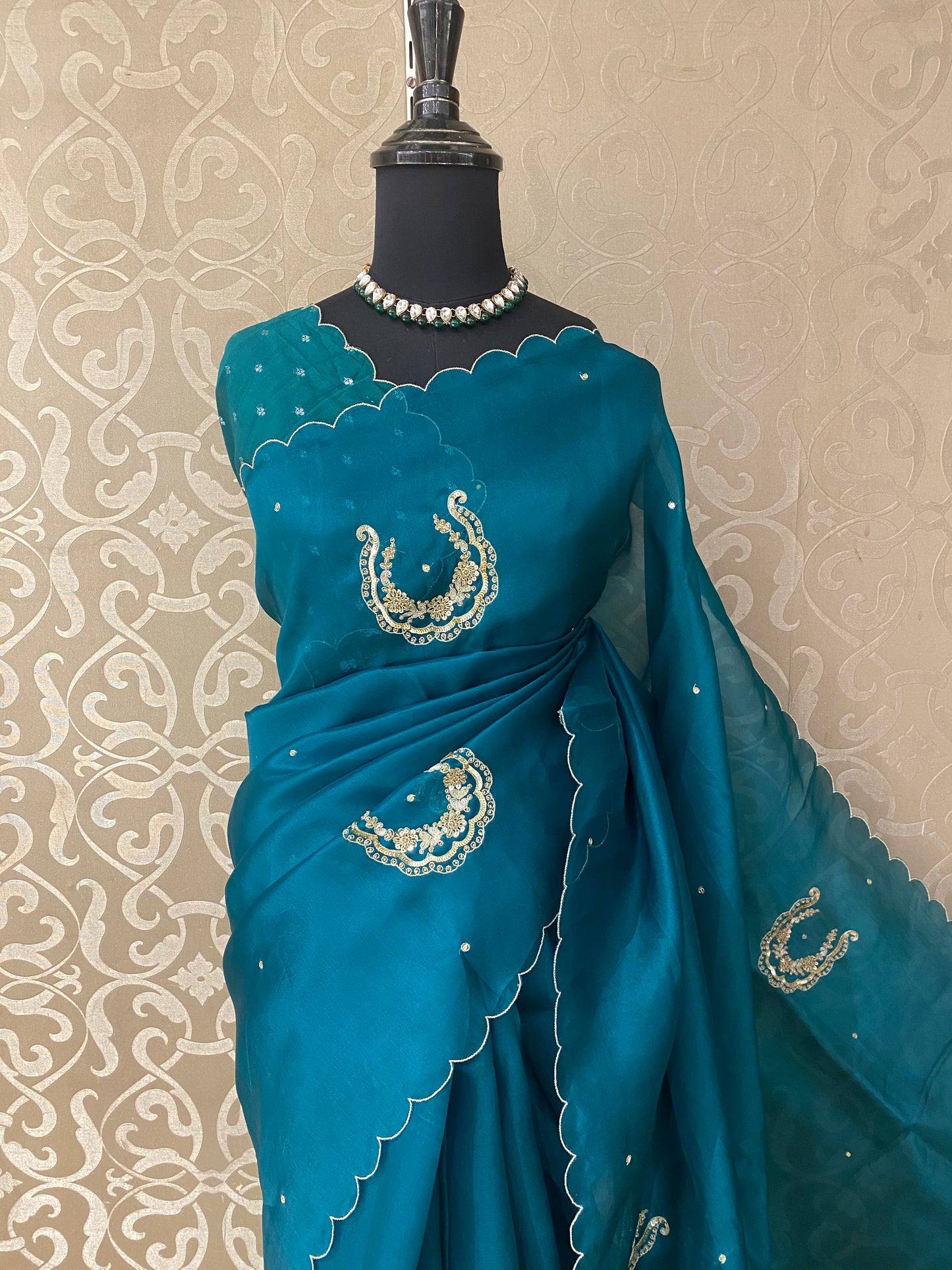 Teal Green Organza Saree With Ari Work, With Unstitched Blouse