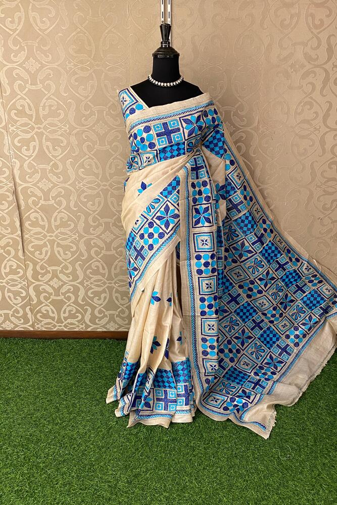 Off-White Tussar Embroidery Saree With Kantha Work Border, With Unstitched Blouse