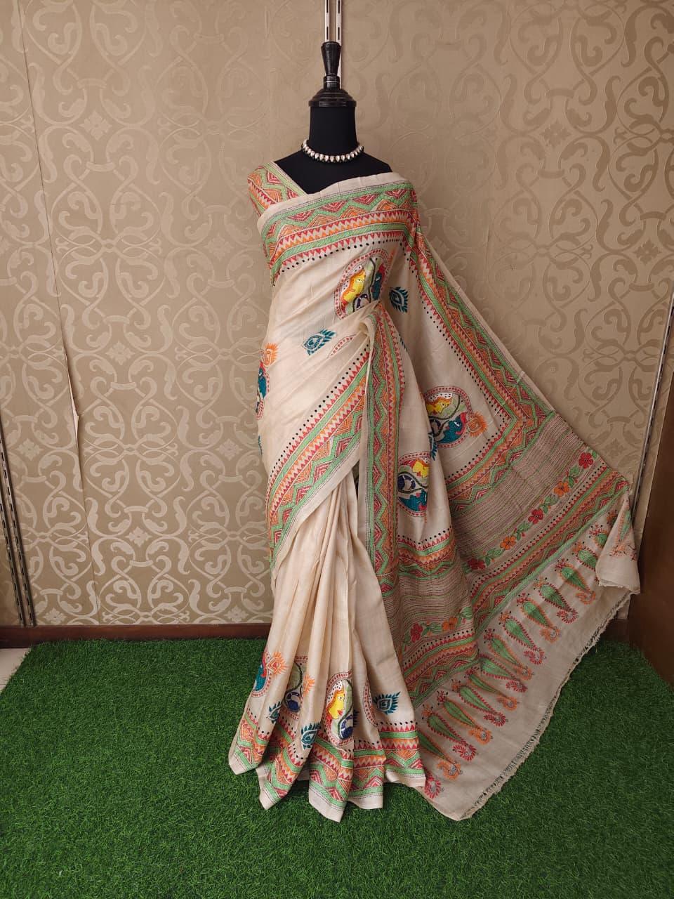 Beige Tussar Embroidery Saree With Kantha Work Border, With Unstitched Blouse
