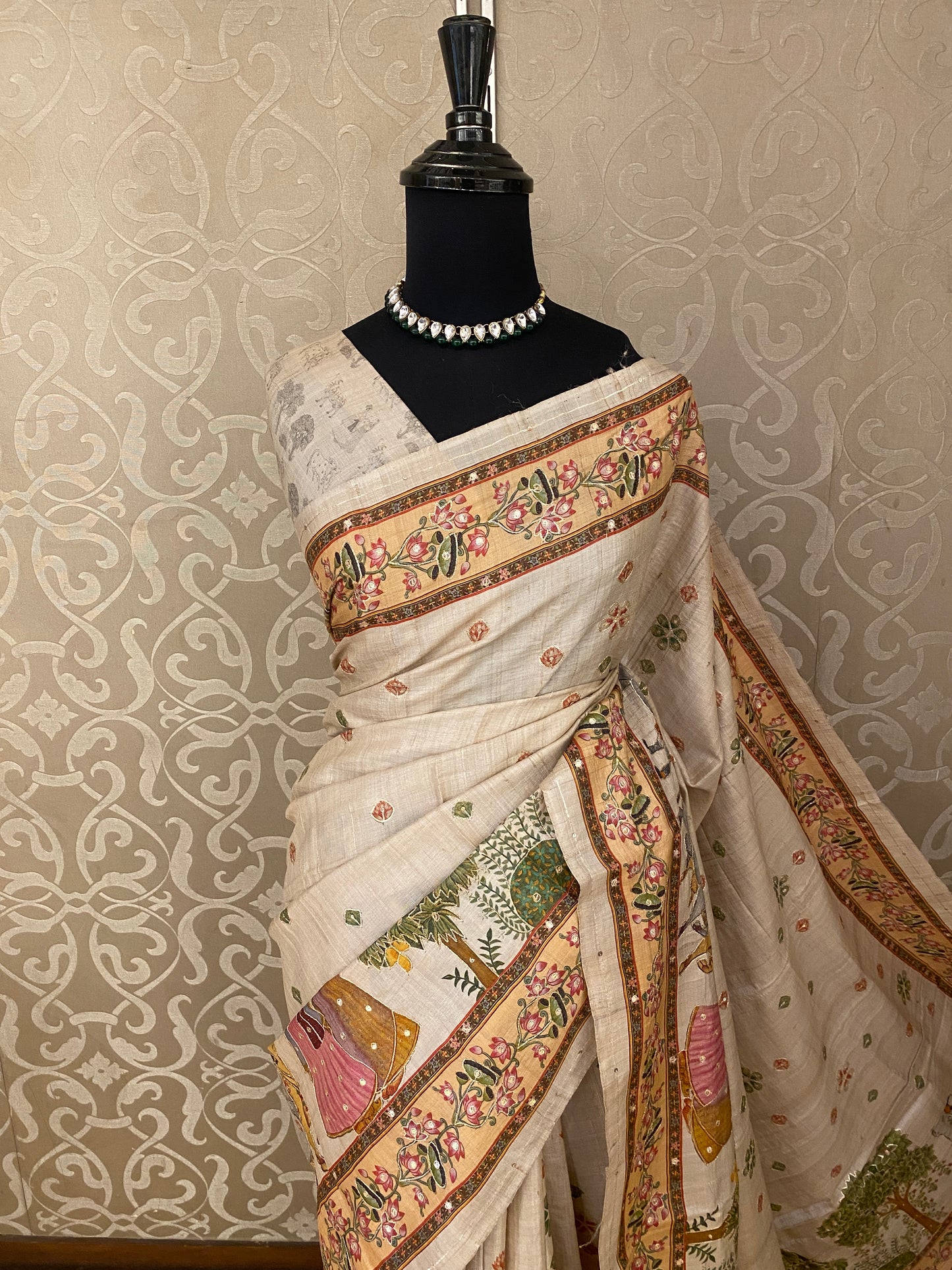 Beige Tussar Pichwai With Aari Work Saree, With Unstiched Blouse
