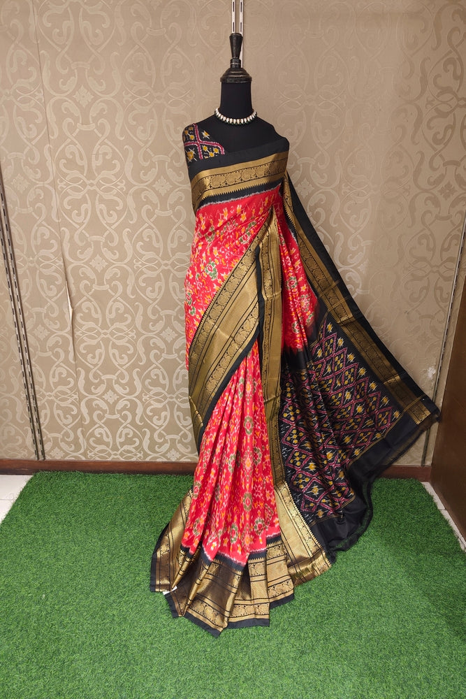 Red Pochampally Ikat Silk Saree, With Unstiched Blouse