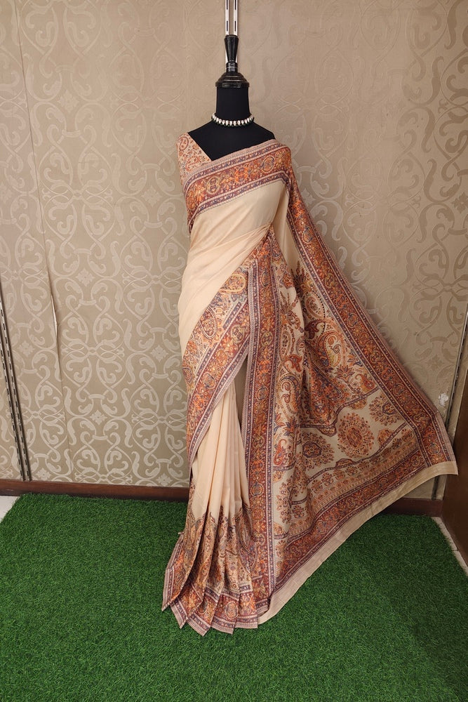 Cream Pure Kani Handloom Silk Saree With Floral Woven Blouse