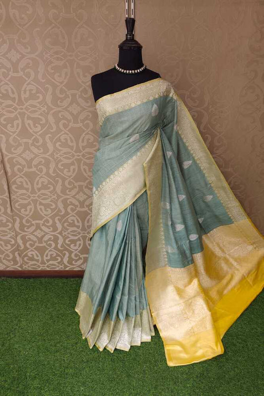 Greyish Blue Munga Banarasi Silk Saree, With Unstiched Blouse