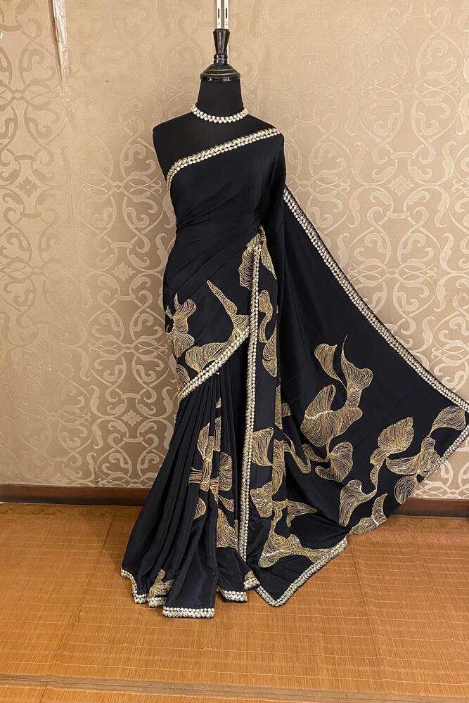 Black Crepe Organza Silk Saree, With Readymade Blouse Piece