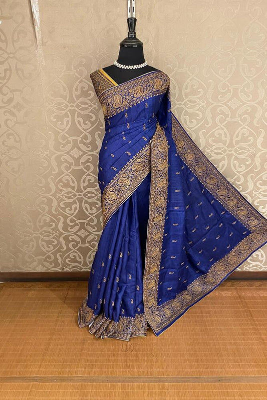 Deep Blue Tussar Embroidery Saree With Kashmiri Work Border, With Unstiched Blouse