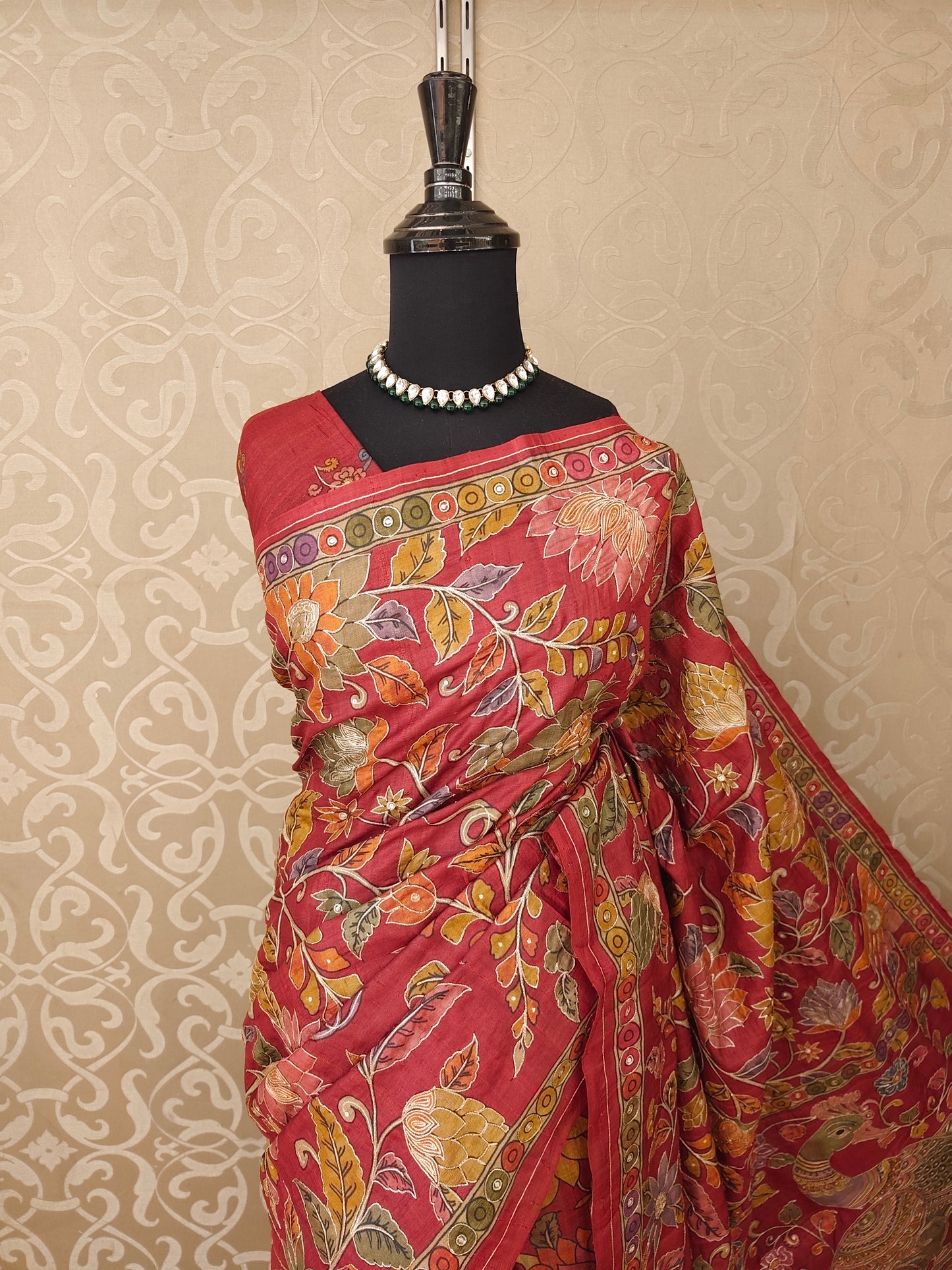 Maroon Tussar Kalamkari Printed Work Saree, With Unstiched Blouse