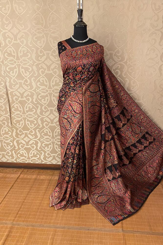 Multi Pure Kani Handloom Silk Saree With Floral Woven Blouse