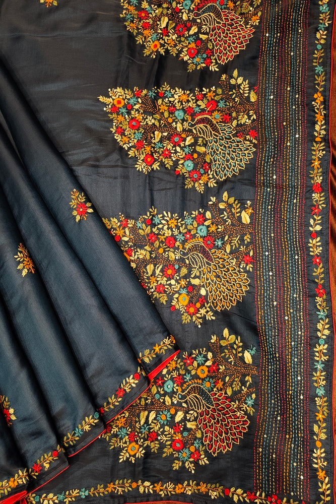 Deep Blue Semi Munga Silk French Knot Hand Embroidery Work Saree, With Unstiched Blouse