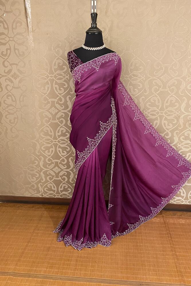 Purple soft organza silk saree with embroidery and unstiched blouse for party wear, from Saarang Sarees.