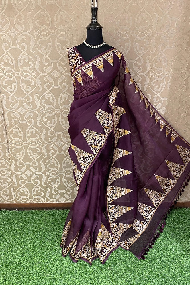 Deep Purple Organza Printed Saree With Pita Zari Border, With Unstiched Blouse