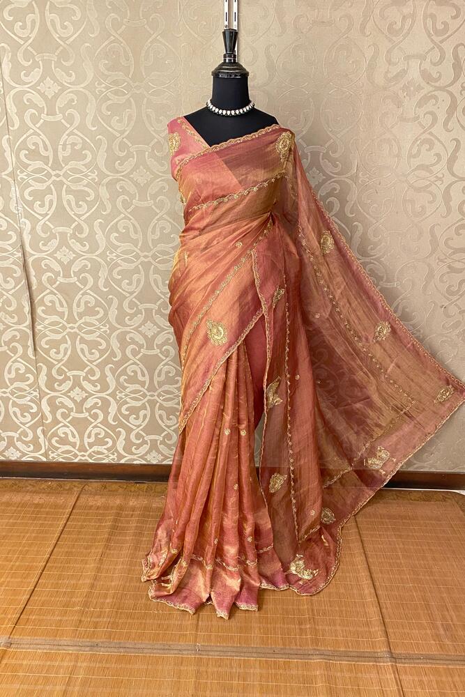 Golden Pink Tissue Silk Embroidery Saree, With Unstiched Blouse