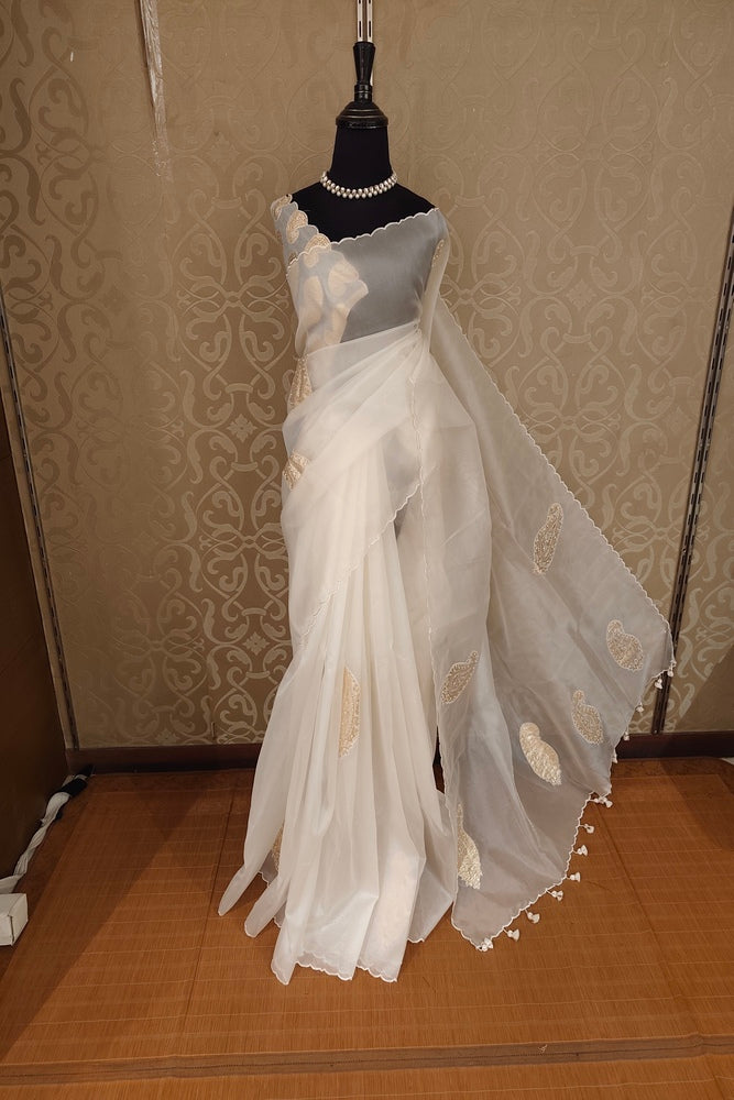 Off-White Organza Saree With Appliqué Work, With Two Unstitched Blouse