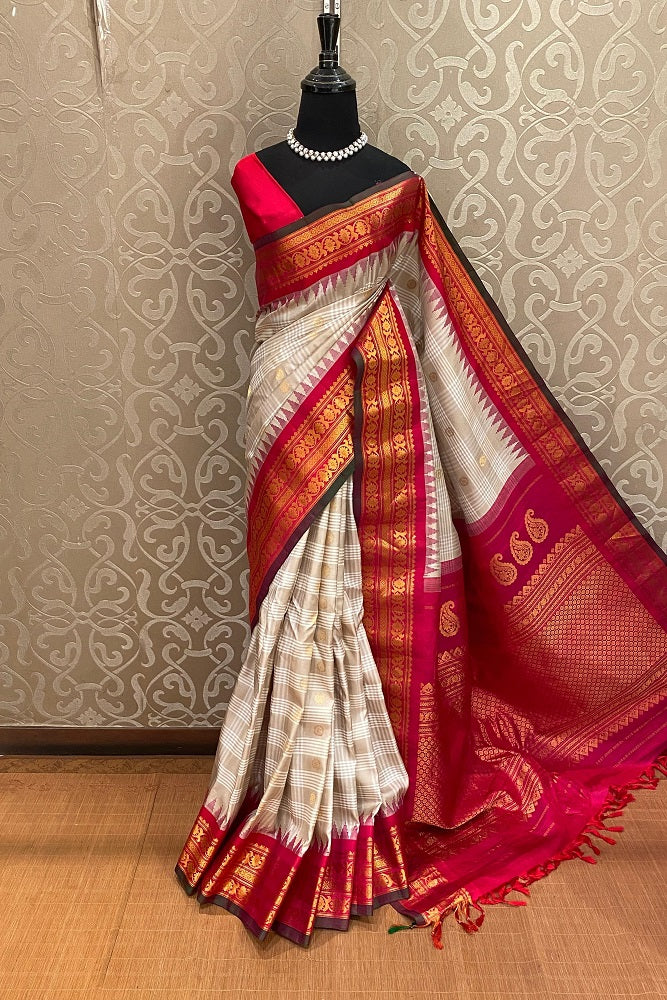 Offwhite Gadwal Silk Saree With Unstiched Contrast Blouse