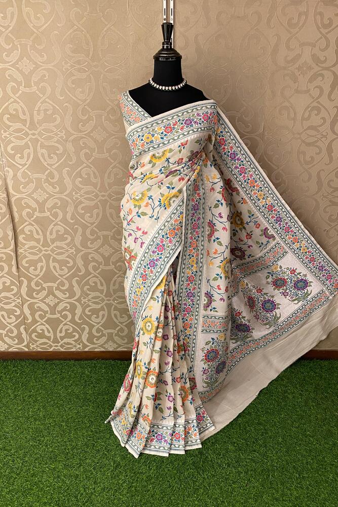Off-White Tussar Khaddi Hand Weaving Saree, With Unstiched Blouse