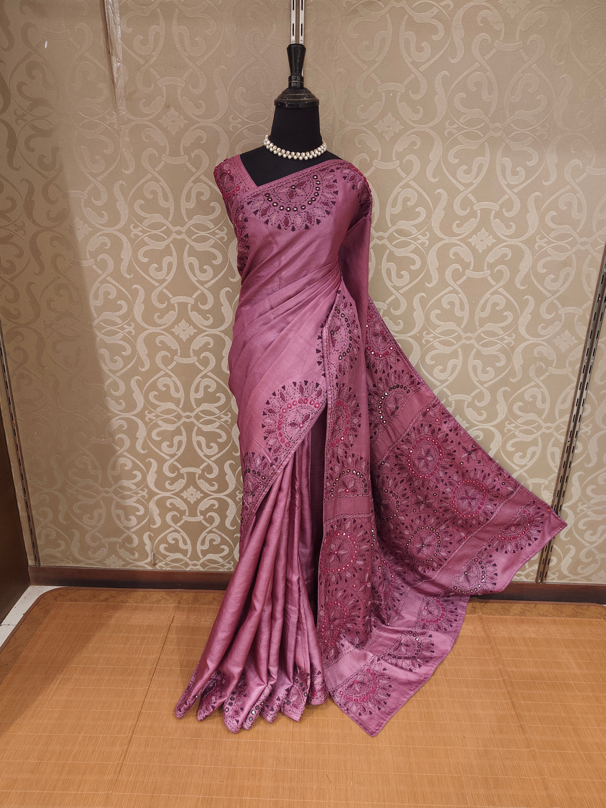 Onion Pink Tussar Hand Embroidery Saree, With Unstitched Blouse
