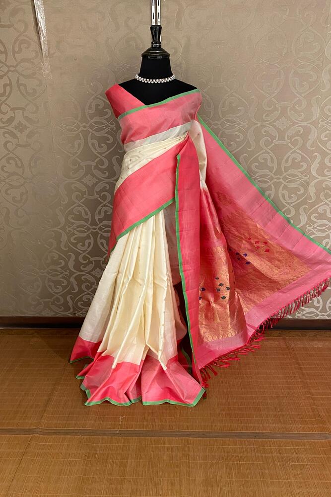 Cream Gadwal Silk Sarees With Unstiched Blouse