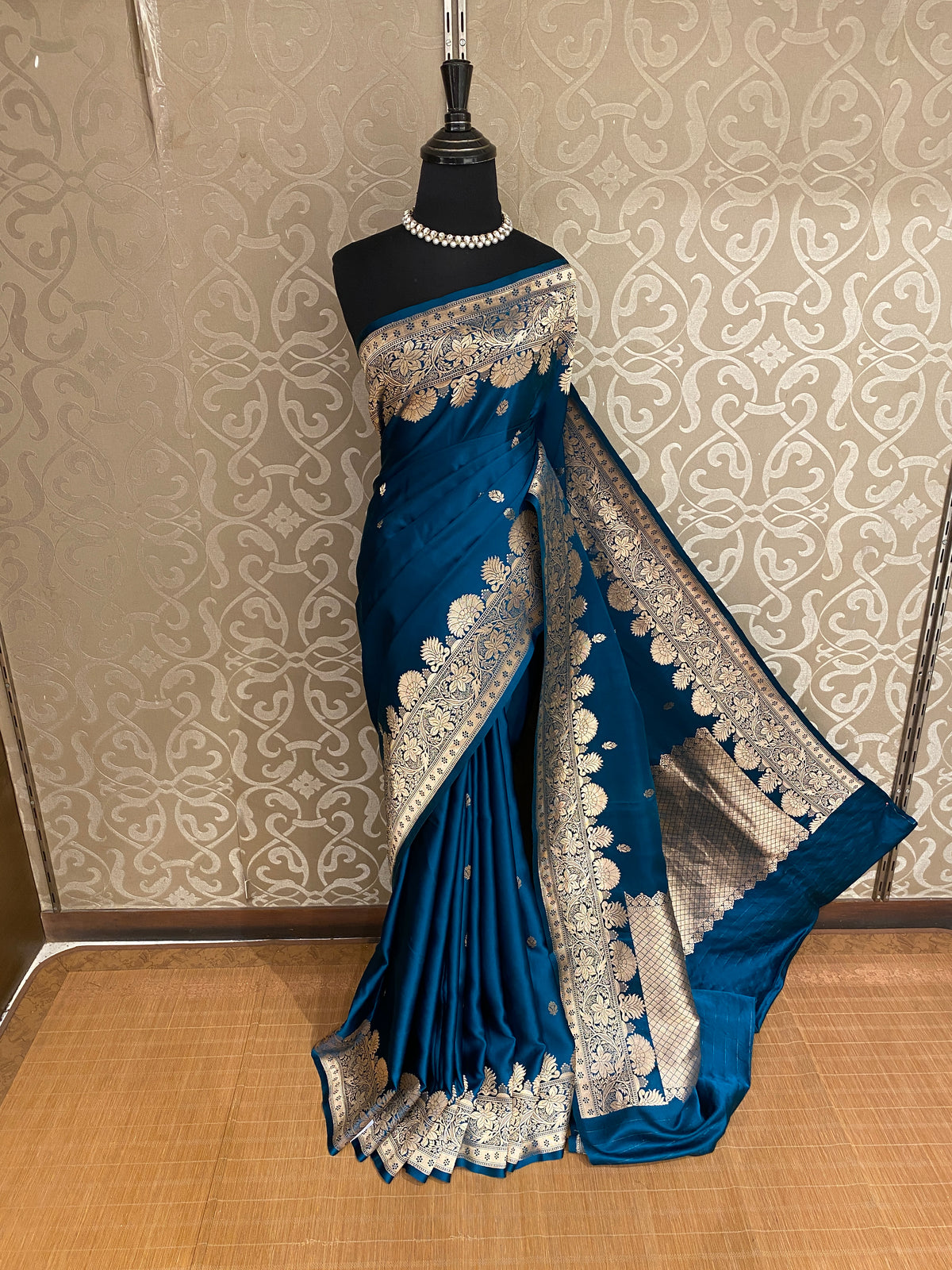 Teal Blue Mashru Silk Banarasi Handloom Saree, With Unstiched Blouse