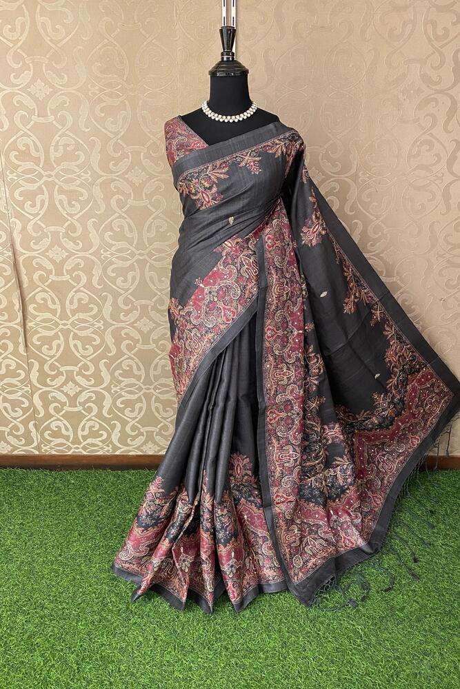 Black Tussar Silk Printed Saree With Aari Work Border, With Unstiched Blouse