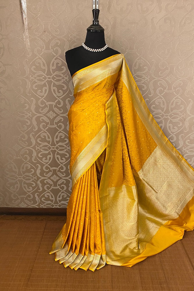 Mustard Yellow Tanchoi Silk Saree Self Weaving With Unstiched Blouse