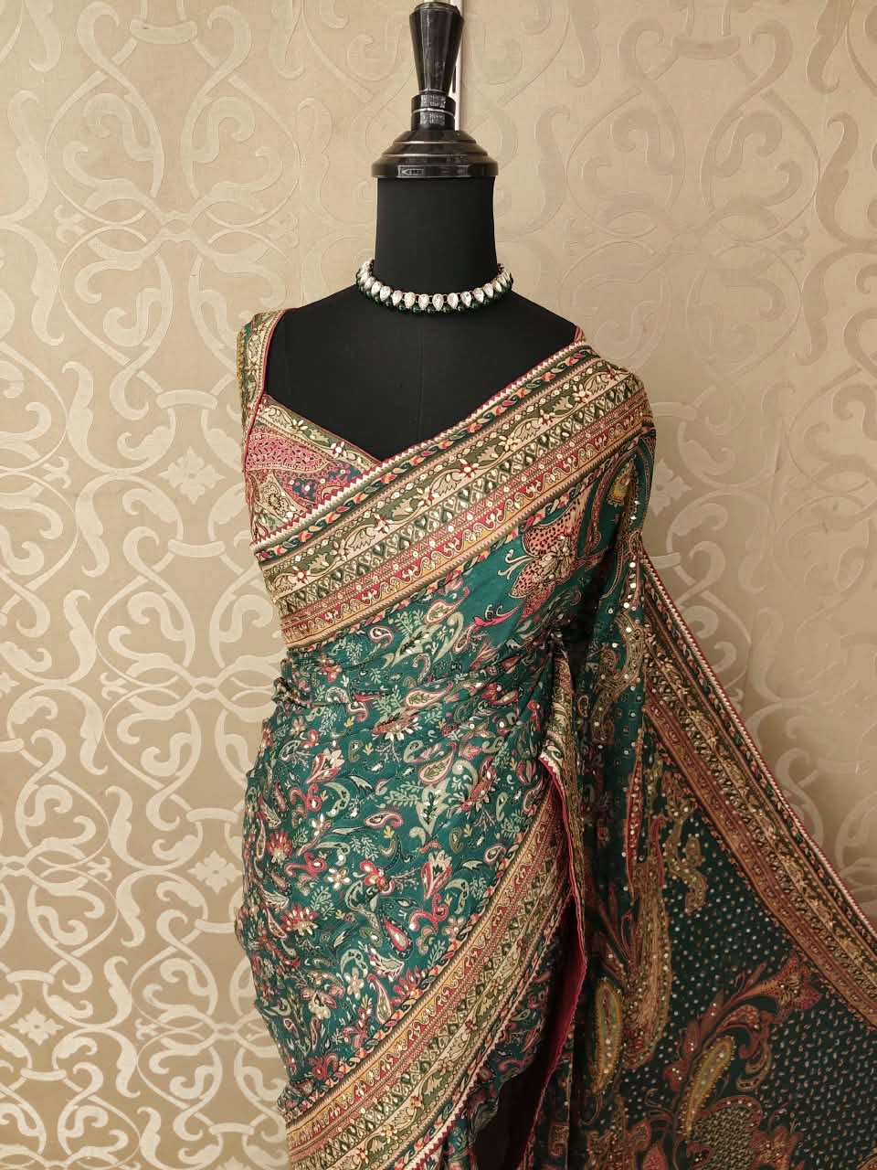 Deep Green Crepe Printed Stone Work Saree, With Readymade Blouse