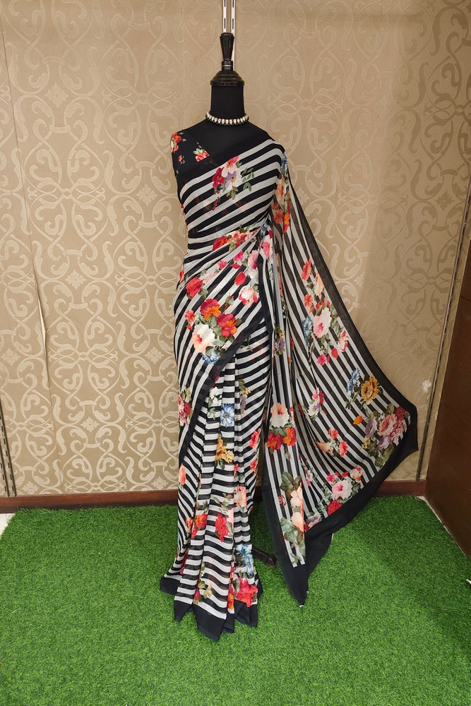 Zebra Floral Printed Chiffon Saree, With Unstiched Blouse Piece