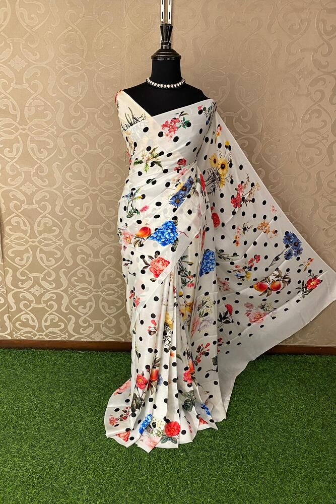 White Crepe Satin Printed Saree, With Unstitched Blouse
