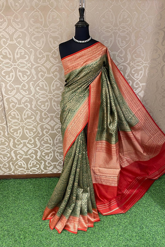 Deep Green Brocade Chanderi Silk With Unstiched Blouse