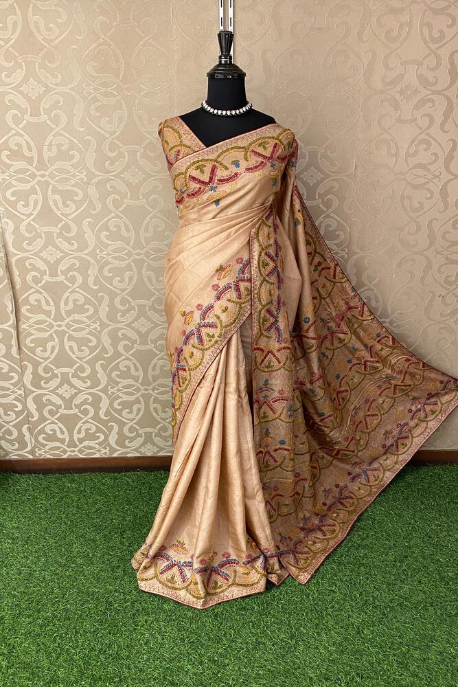 Deep Beige Tussar Embroidery Saree With Lambani Work Border, With Unstitched Blouse